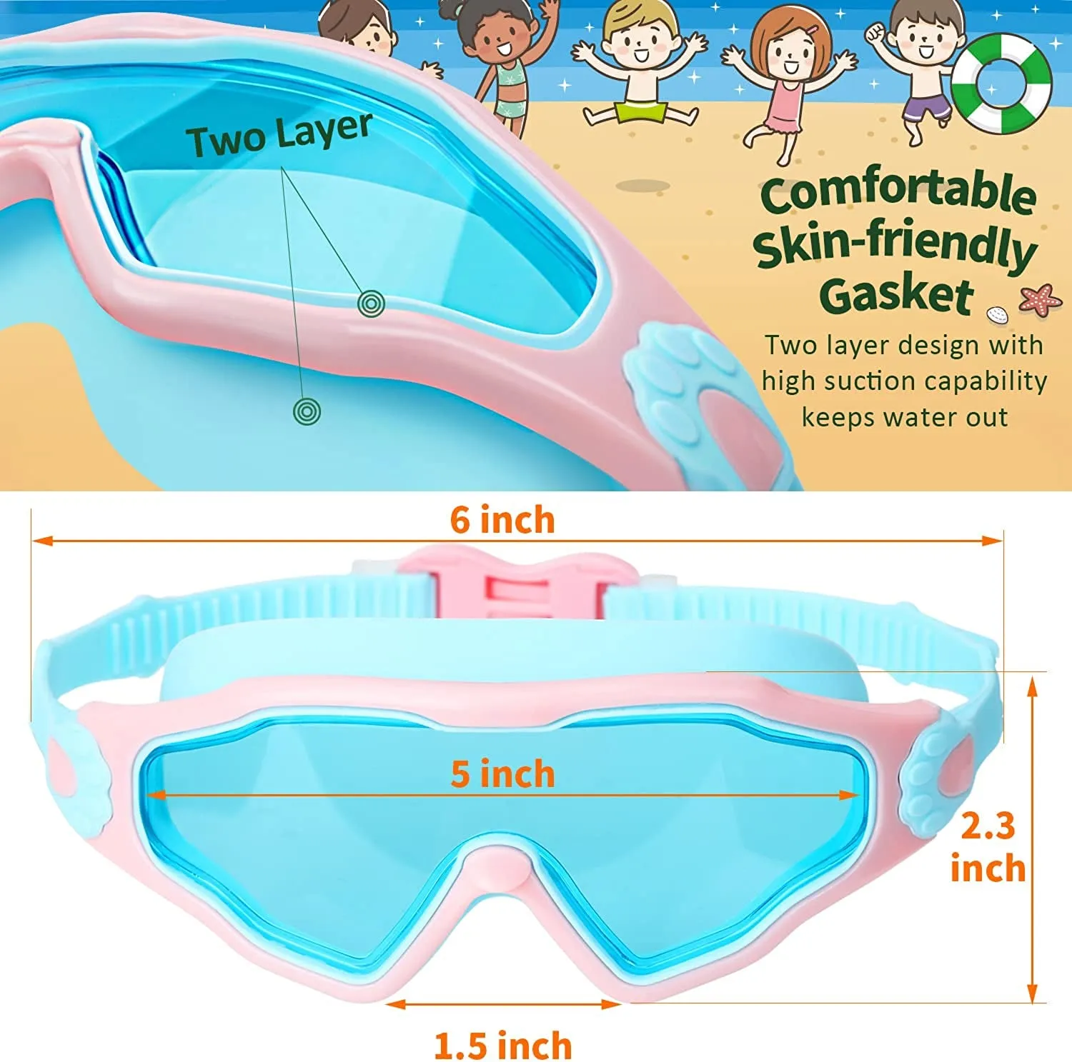 2-Pack Kids Swim Goggles, Wide View Swimming Goggles for Kids, Child, Boys or Girls from 3-15, Anti-Fog, Waterproof