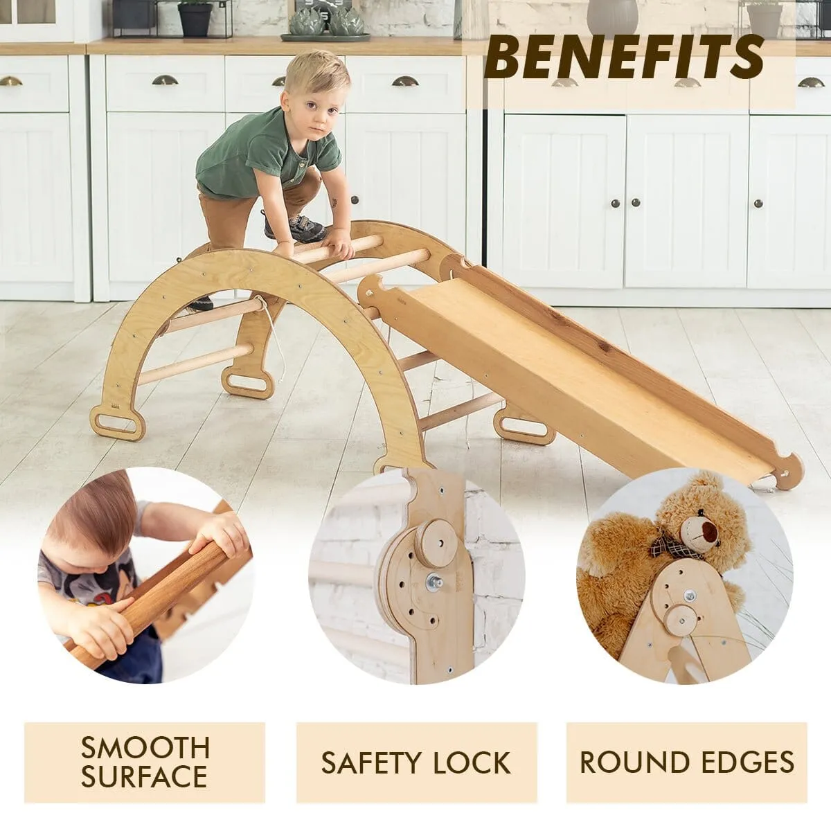 3in1 Montessori Play Set for Toddlers: Arch   Slide   Cushion | Beige