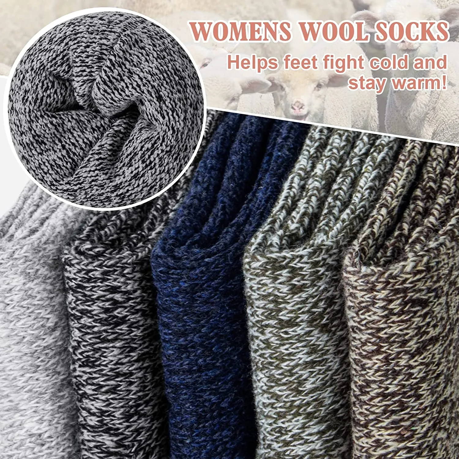 5 Pairs Women's Wool Socks, Winter Warm Knit Thick Cozy Socks, Casual Crew Cabin Socks