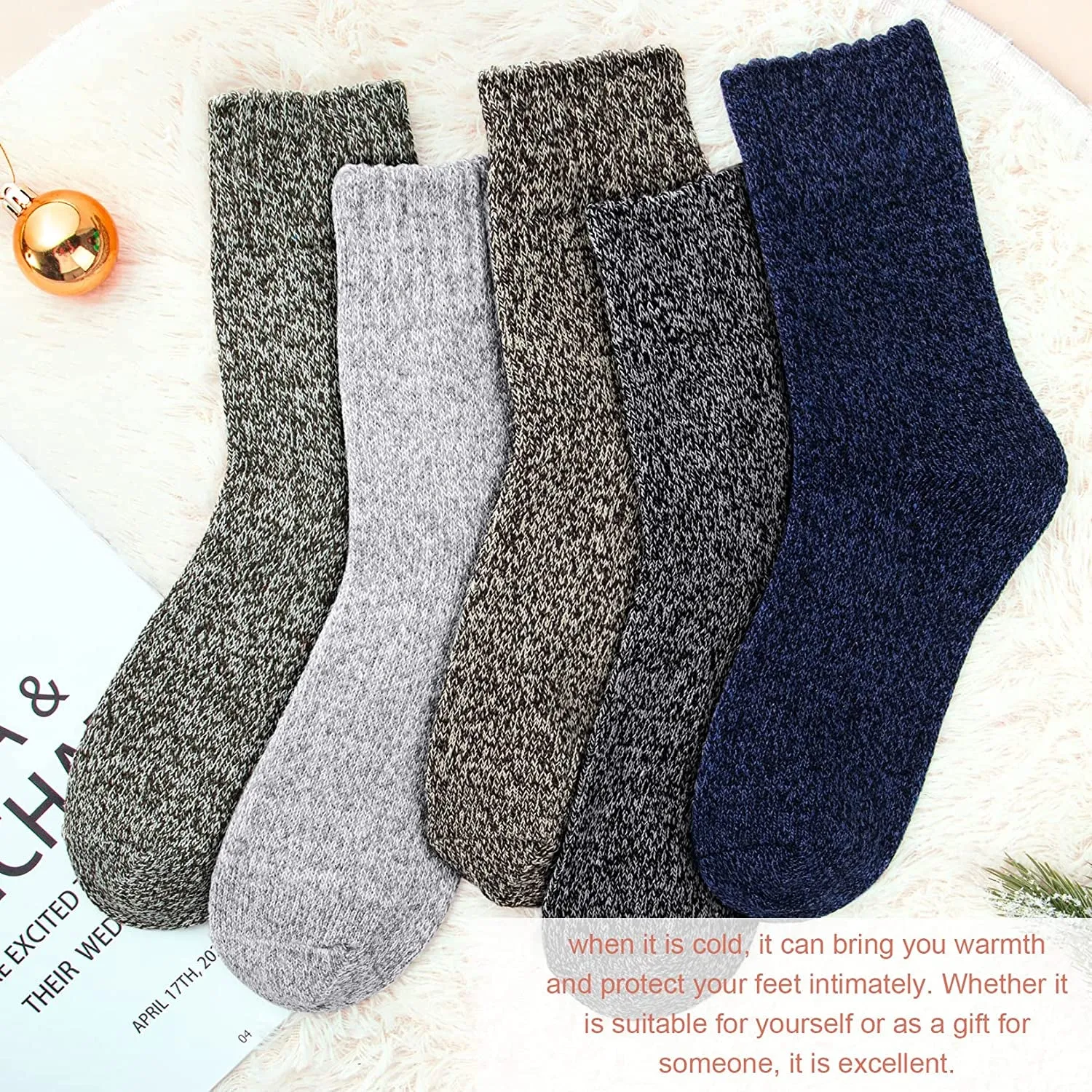 5 Pairs Women's Wool Socks, Winter Warm Knit Thick Cozy Socks, Casual Crew Cabin Socks