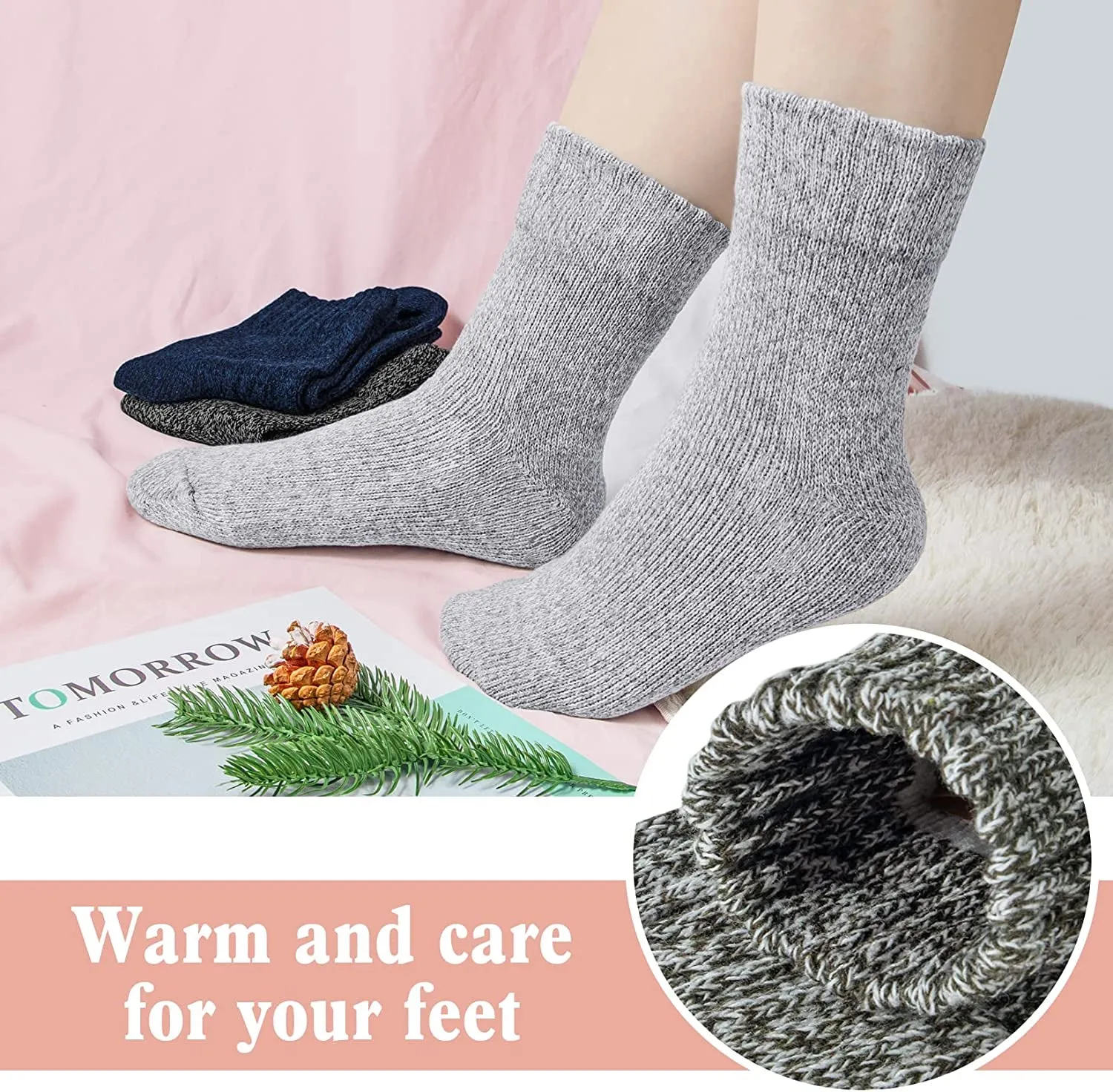 5 Pairs Women's Wool Socks, Winter Warm Knit Thick Cozy Socks, Casual Crew Cabin Socks