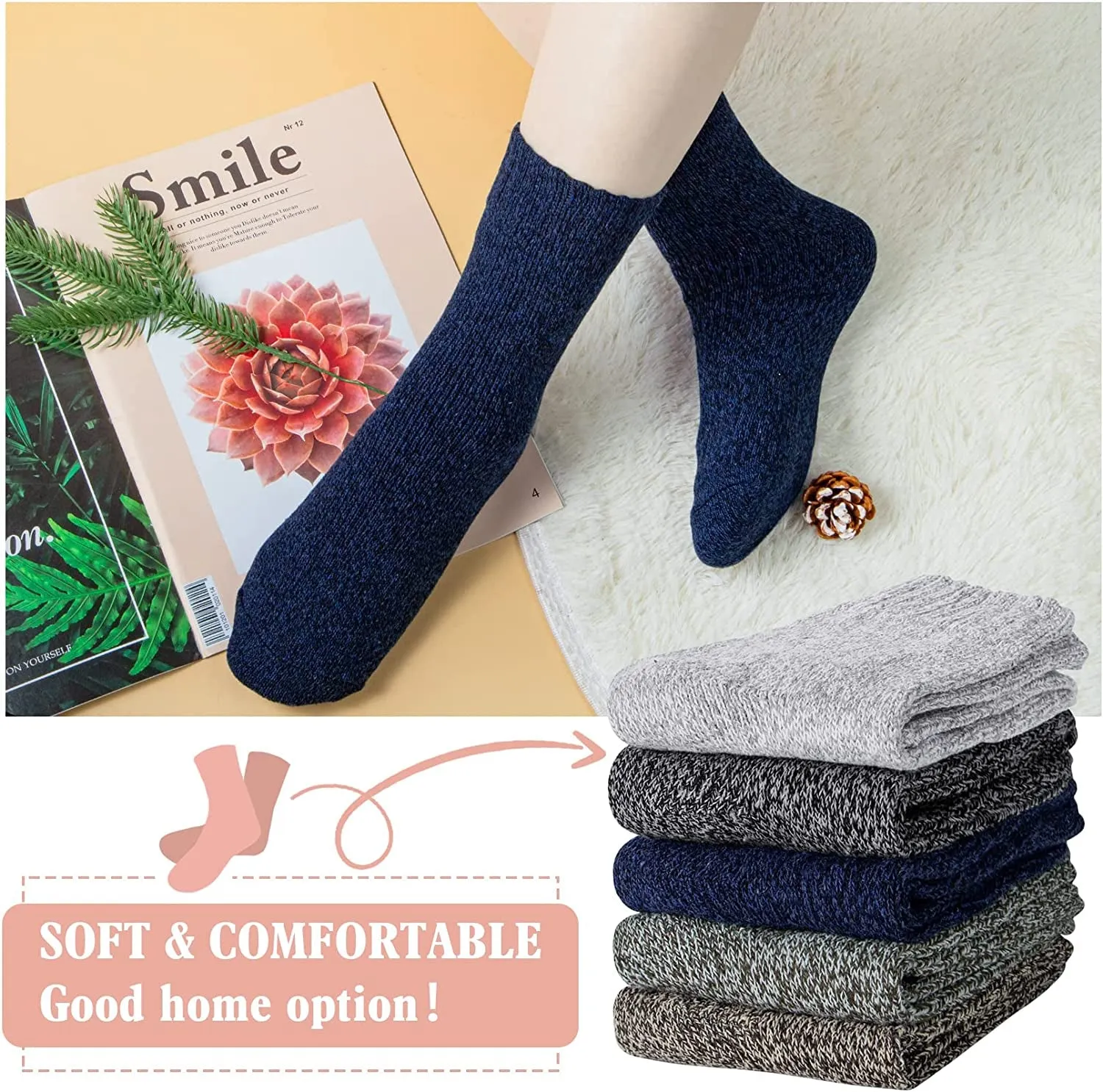 5 Pairs Women's Wool Socks, Winter Warm Knit Thick Cozy Socks, Casual Crew Cabin Socks