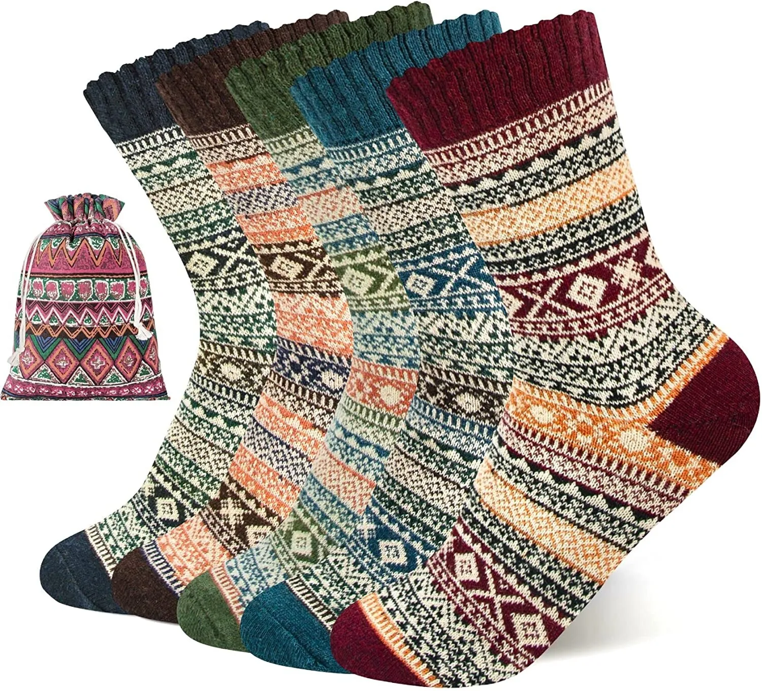 5 Pairs Women's Wool Socks, Winter Warm Knit Thick Cozy Socks, Casual Crew Cabin Socks