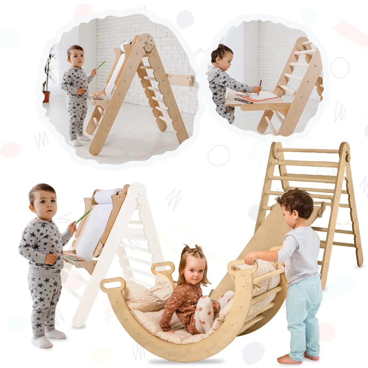 5in1 Montessori Climbing Set: Triangle Ladder   Climbing Arch   Slide Board   Cushion   Art Addition