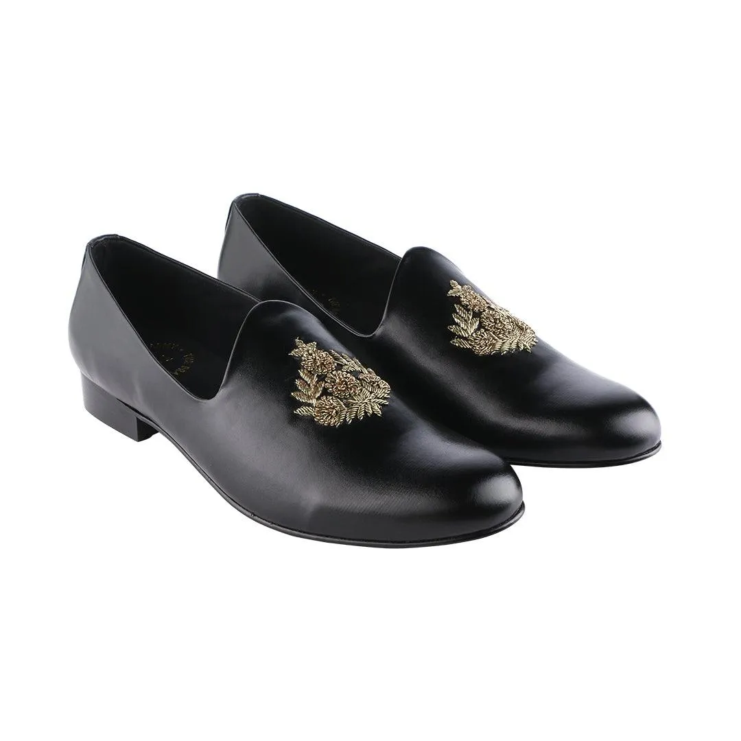 Anza Black Hand-Embroidered Ethnic Slip-Ons