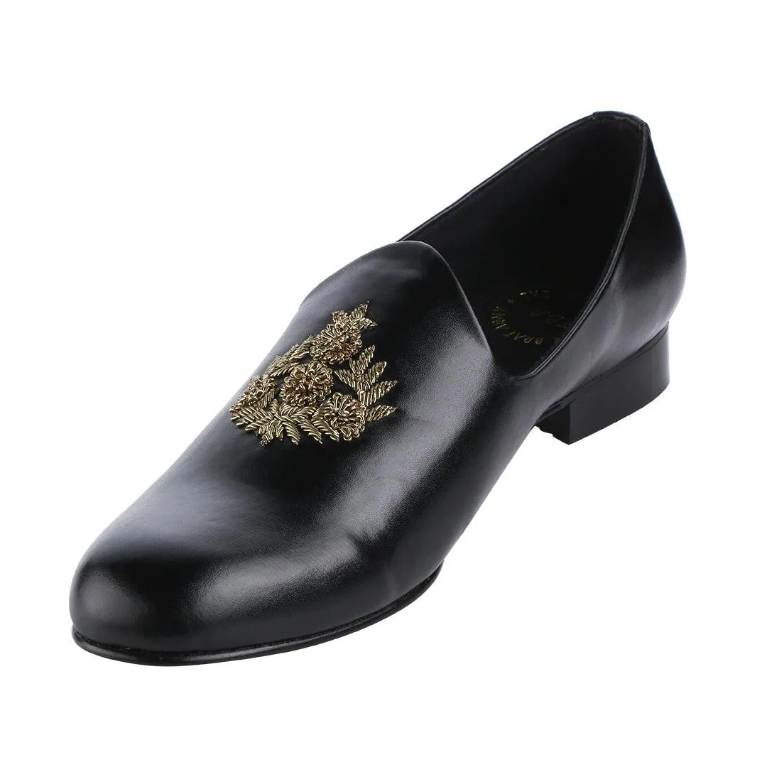 Anza Black Hand-Embroidered Ethnic Slip-Ons