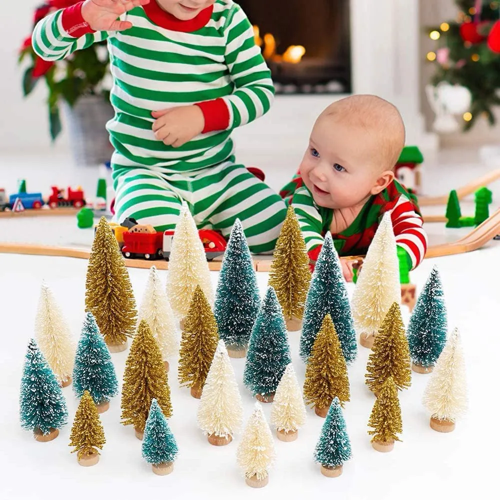 Ayieyill 30PCS Artificial Mini Christmas Trees, Upgrade Sisal Pine Trees with Wood Base Bottle Brush Trees for Christmas Table Top Decor(Green, Gold and Ivory)