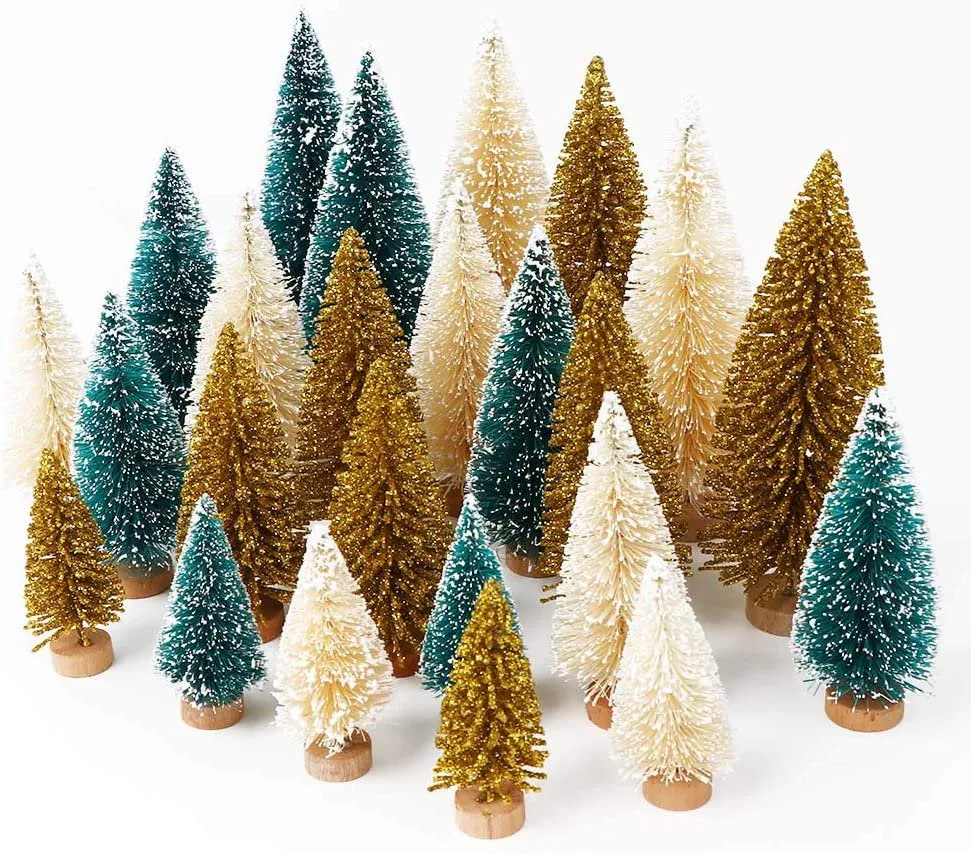 Ayieyill 30PCS Artificial Mini Christmas Trees, Upgrade Sisal Pine Trees with Wood Base Bottle Brush Trees for Christmas Table Top Decor(Green, Gold and Ivory)