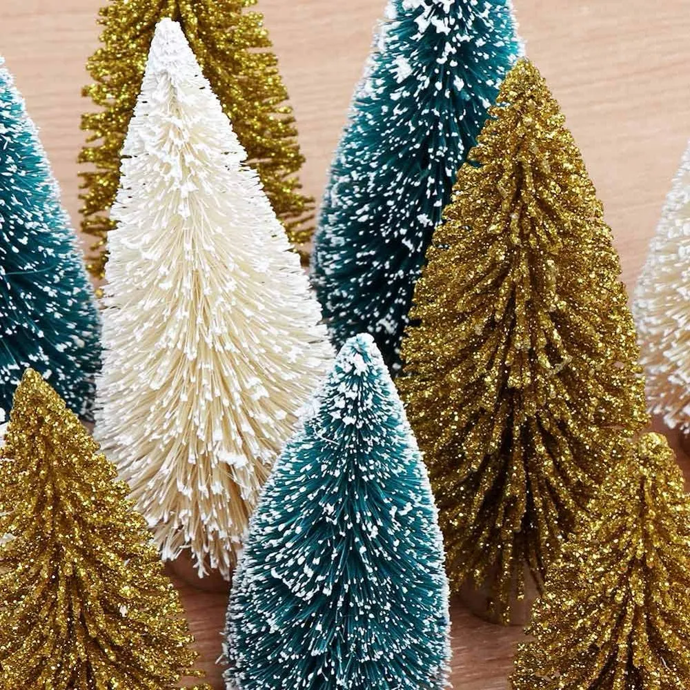 Ayieyill 30PCS Artificial Mini Christmas Trees, Upgrade Sisal Pine Trees with Wood Base Bottle Brush Trees for Christmas Table Top Decor(Green, Gold and Ivory)