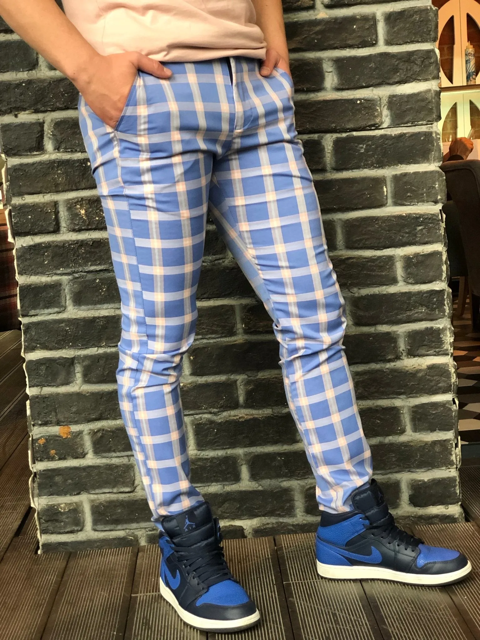 Blue Pink Colour Checkered Slim Fit Casual Pant DJ136 Streetwear Pant