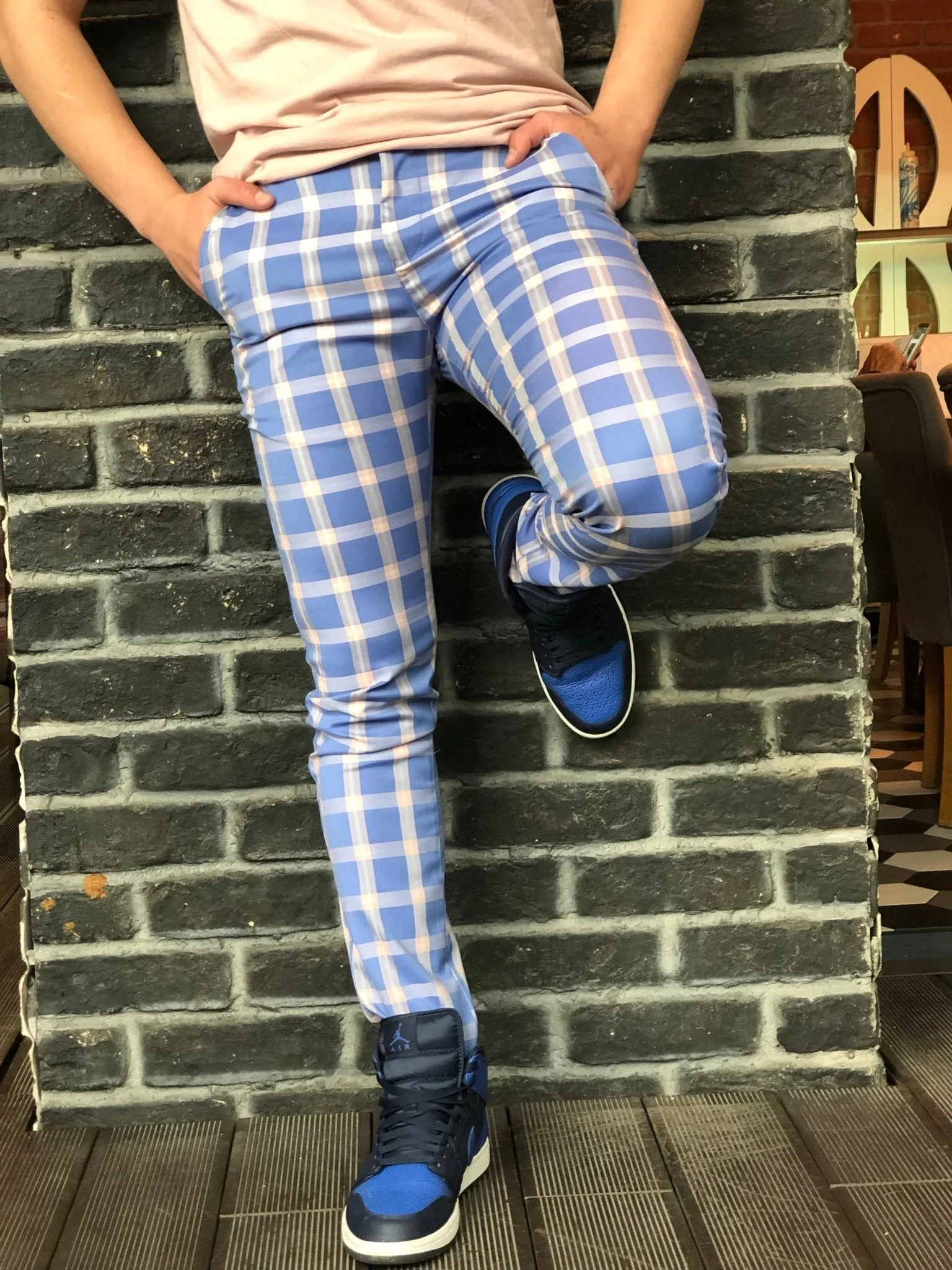 Blue Pink Colour Checkered Slim Fit Casual Pant DJ136 Streetwear Pant