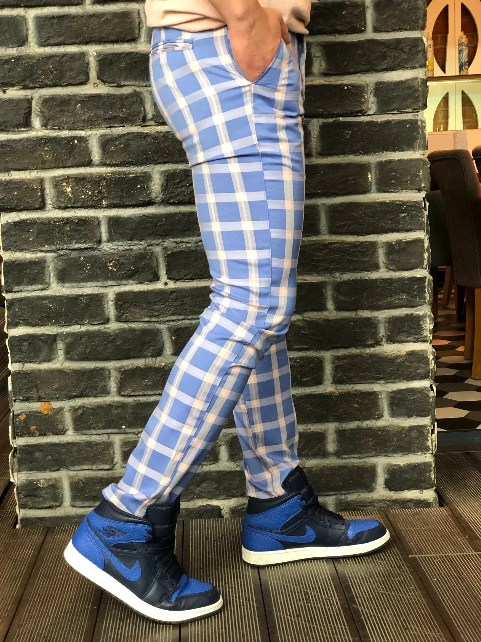 Blue Pink Colour Checkered Slim Fit Casual Pant DJ136 Streetwear Pant