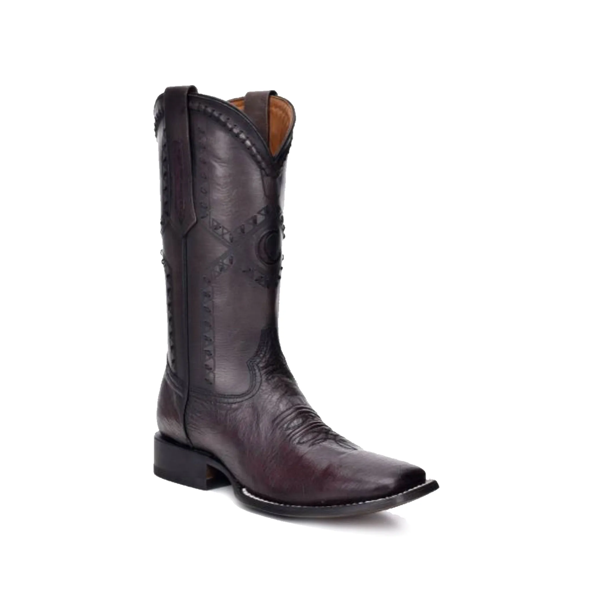 Cuadra Men's Square Toe Ostrich Belly Flame Black Cherry Cowboy Boot