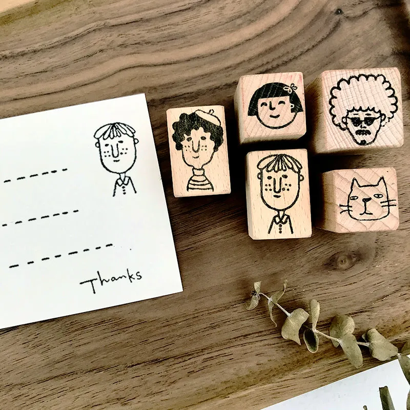 Cute Cartoon Face Portrait Wooden Rubber Stamp