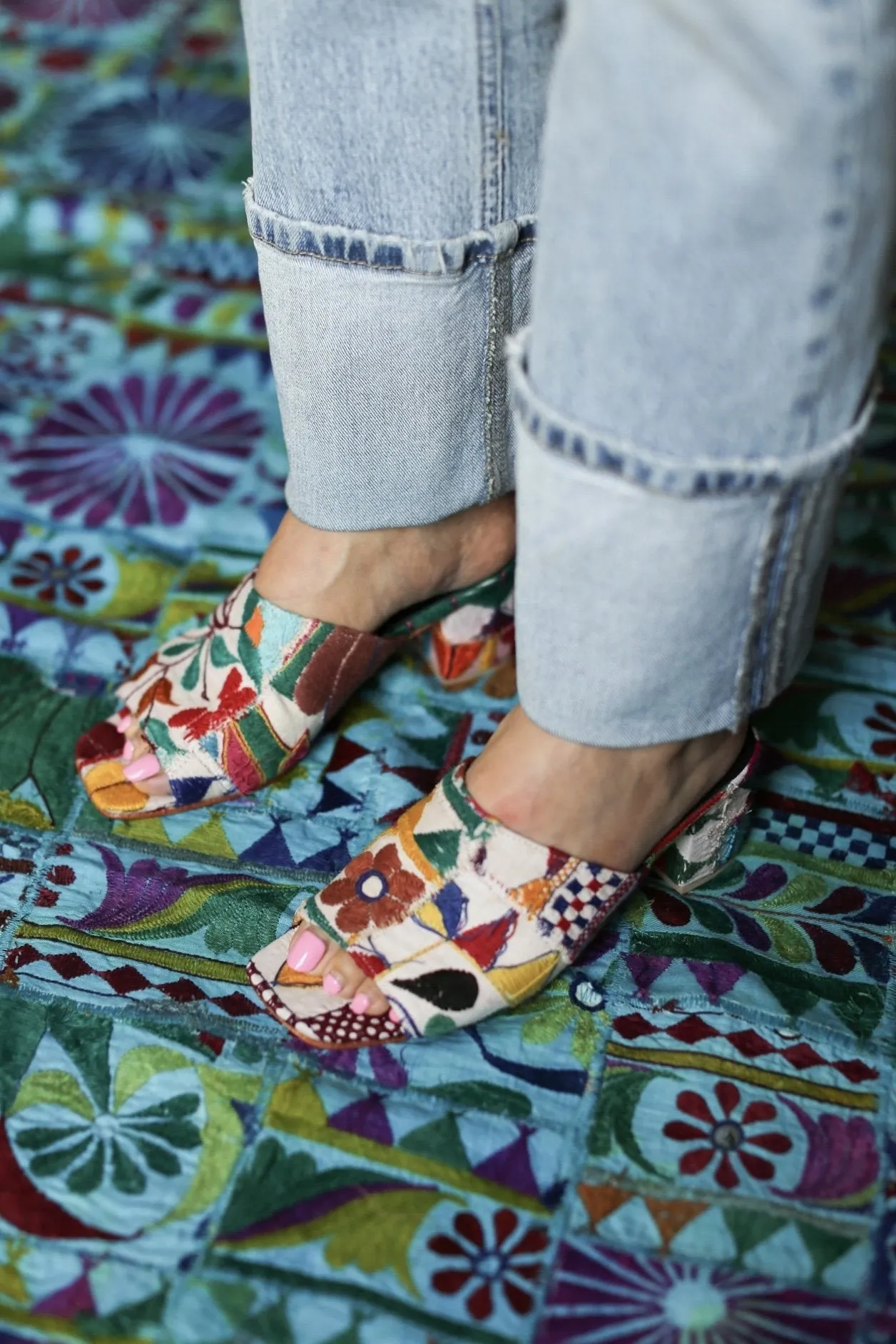 EMBROIDERED PATCHWORK SANDAL MULES LULU