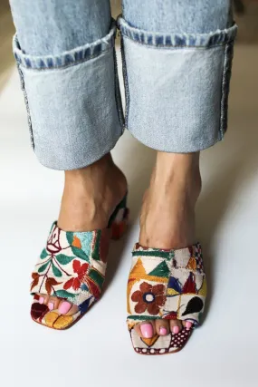 EMBROIDERED PATCHWORK SANDAL MULES LULU