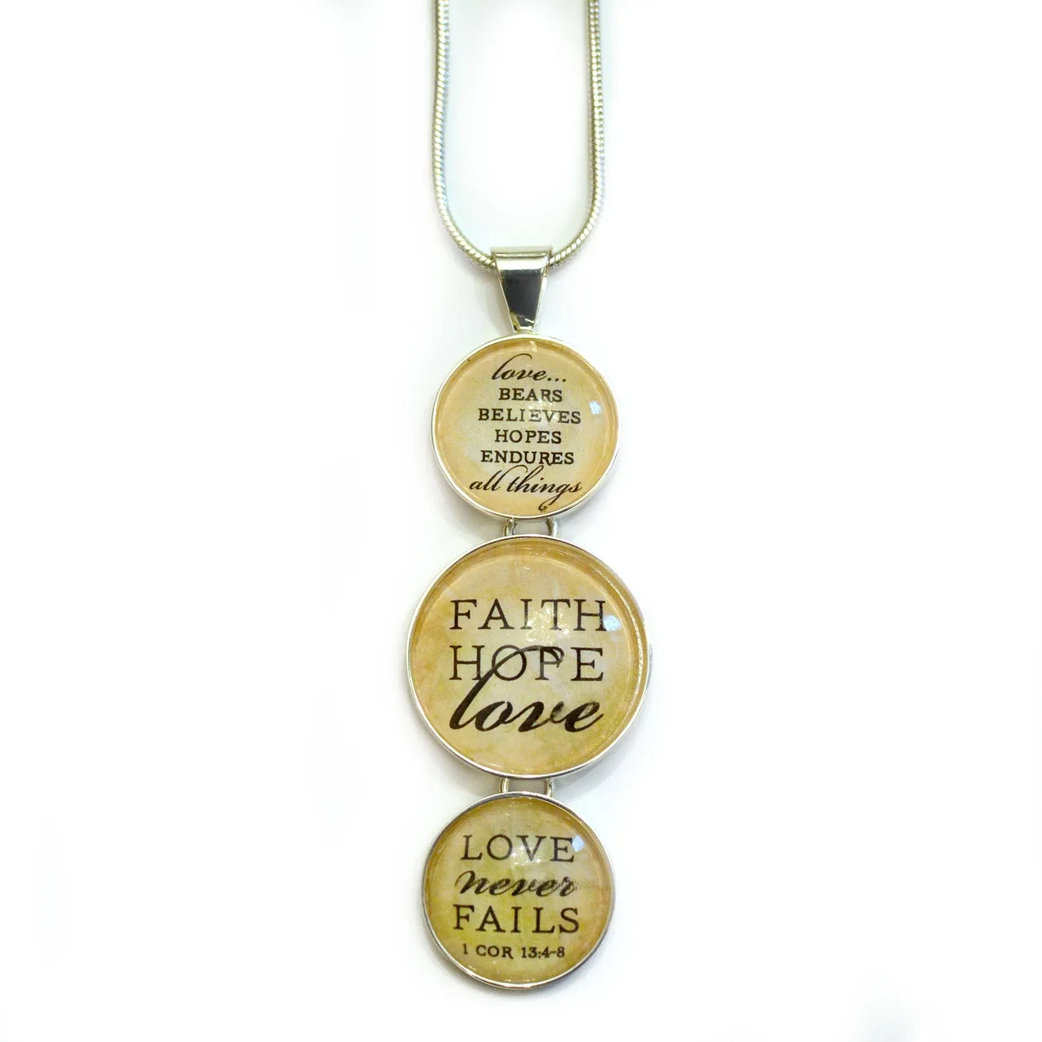 Faith, Hope, Love – Love Never Fails 1 Corinthians Scripture Silver-Plated 3-Tiered Pendant Necklace