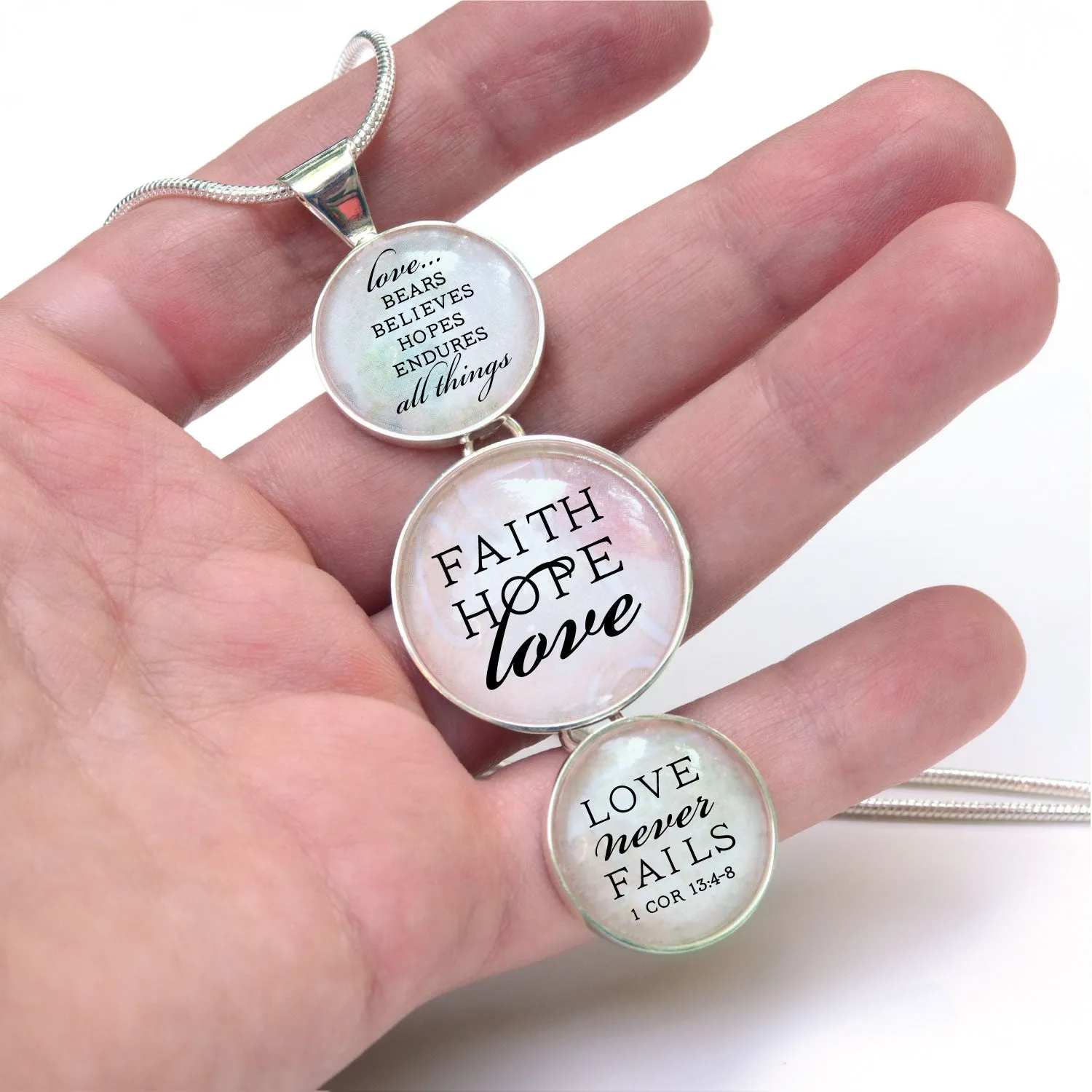 Faith, Hope, Love – Love Never Fails 1 Corinthians Scripture Silver-Plated 3-Tiered Pendant Necklace