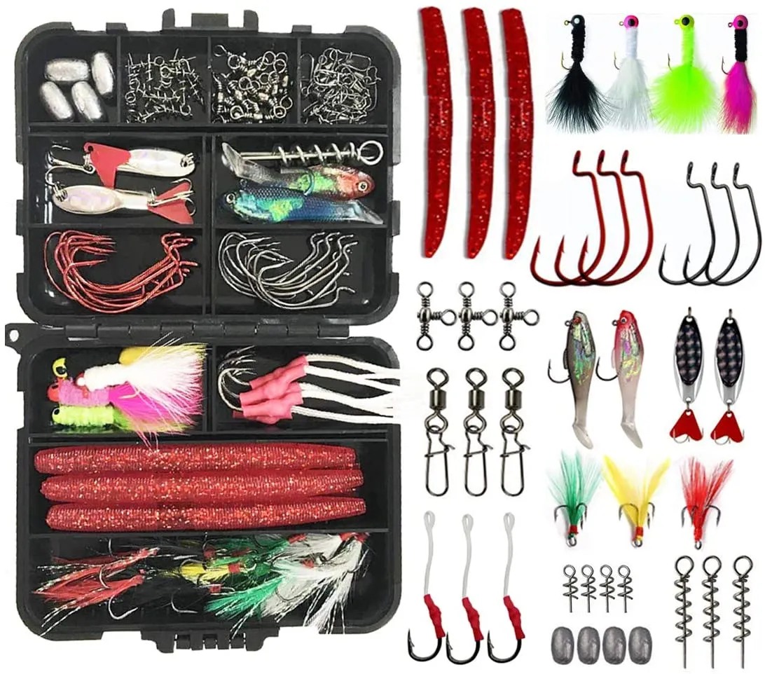 Fishing Lures Hooks Kit 100Pcs Fishing Tackle Box Include Soft Plastic Baits Crappie Jig Heads Bass Jig Hooks Metal Spoons Egg Sinkers Weights Swivels Fishing Tackle Accessories