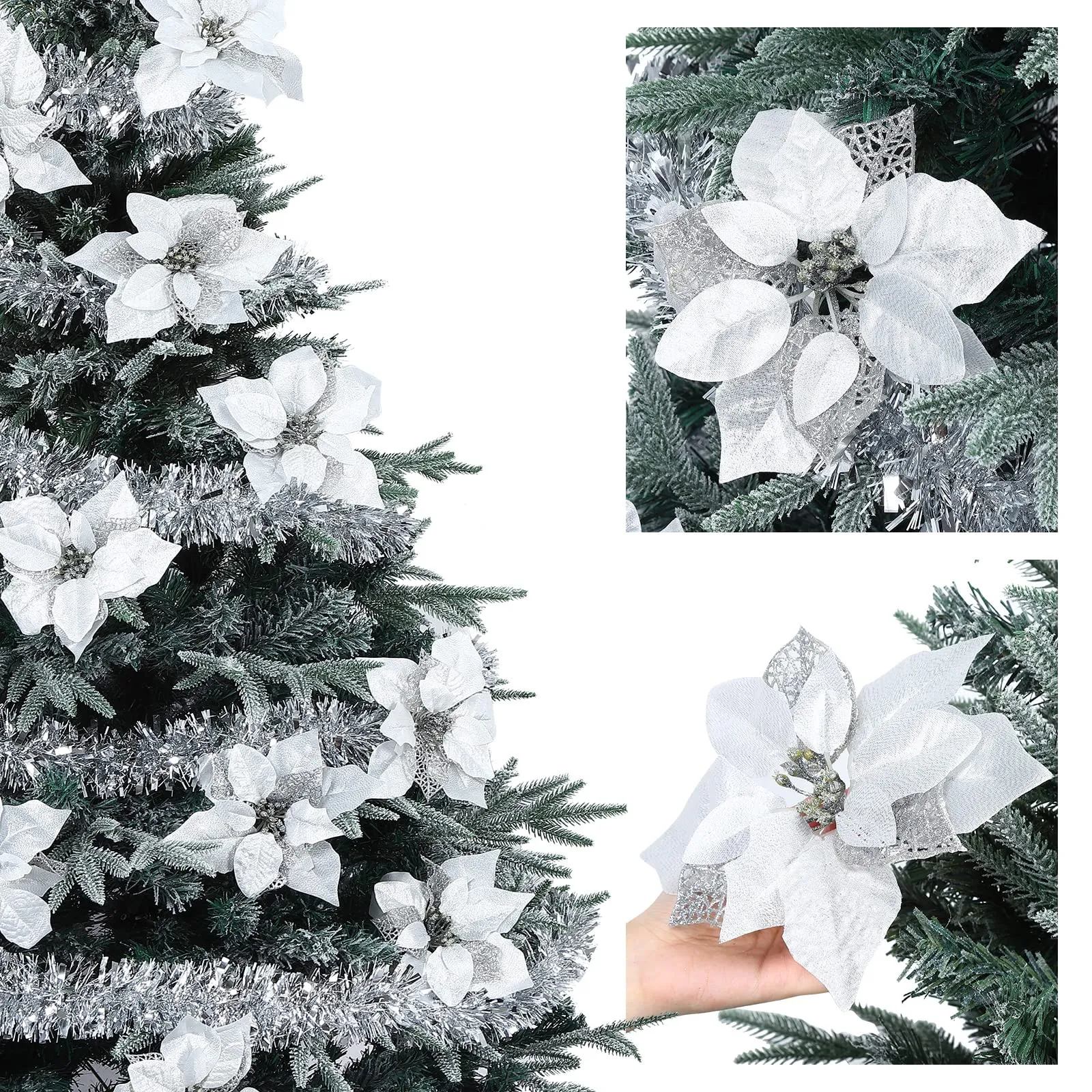 GARVEE 15 Pieces Christmas Glitter Poinsettia with Clips Christmas Poinsettia Decorations Artificial Poinsettia Flowers Ornament Christmas Flowers for New Year Wedding Home Decoration 8.7inch/22cm Silver