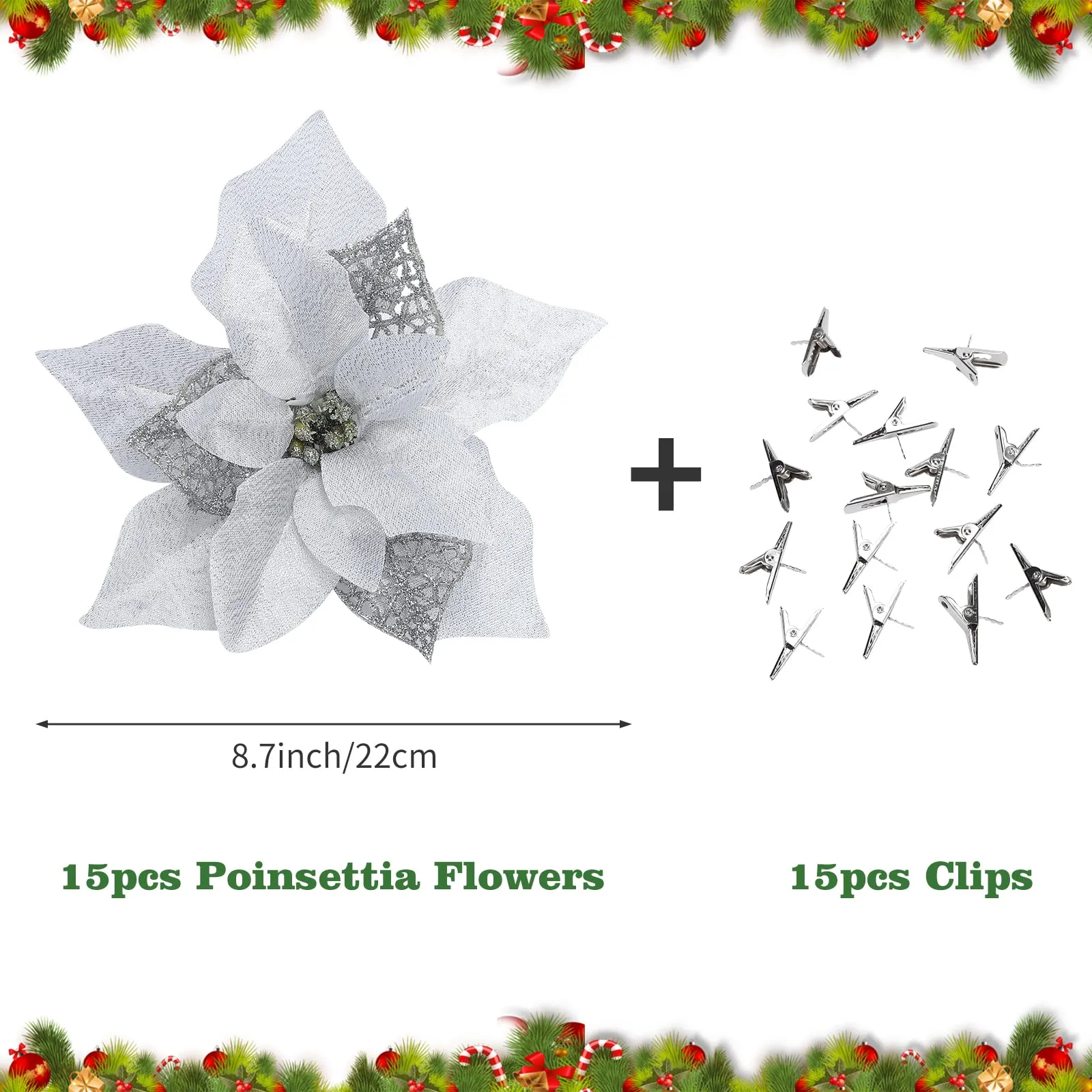 GARVEE 15 Pieces Christmas Glitter Poinsettia with Clips Christmas Poinsettia Decorations Artificial Poinsettia Flowers Ornament Christmas Flowers for New Year Wedding Home Decoration 8.7inch/22cm Silver