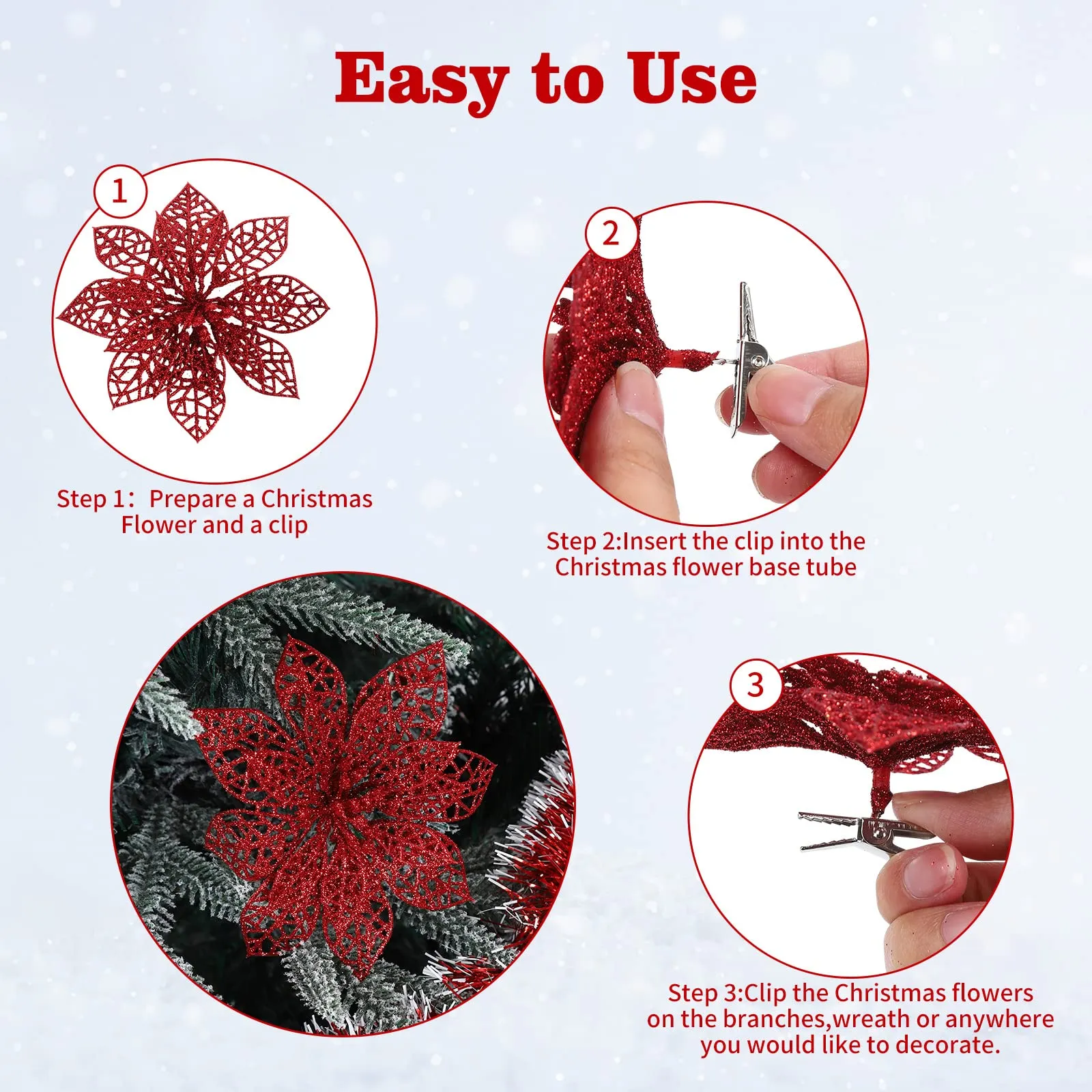 GARVEE 24 Pieces Christmas Glitter Poinsettia with Clips Christmas Poinsettia Decorations Artificial Poinsettia Flowers Ornament Christmas Flowers for New Year Wedding Home Decoration 5.9inch/15cm Red