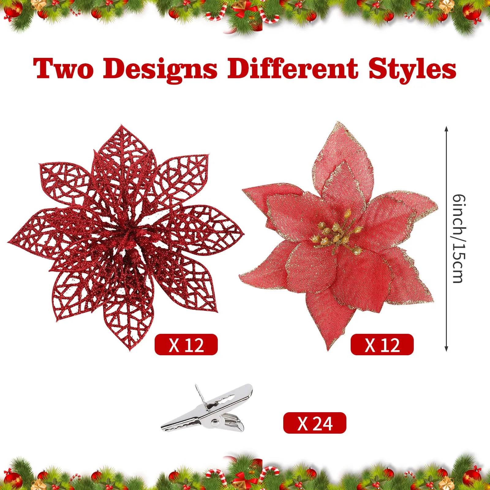 GARVEE 24 Pieces Christmas Glitter Poinsettia with Clips Christmas Poinsettia Decorations Artificial Poinsettia Flowers Ornament Christmas Flowers for New Year Wedding Home Decoration 5.9inch/15cm Red