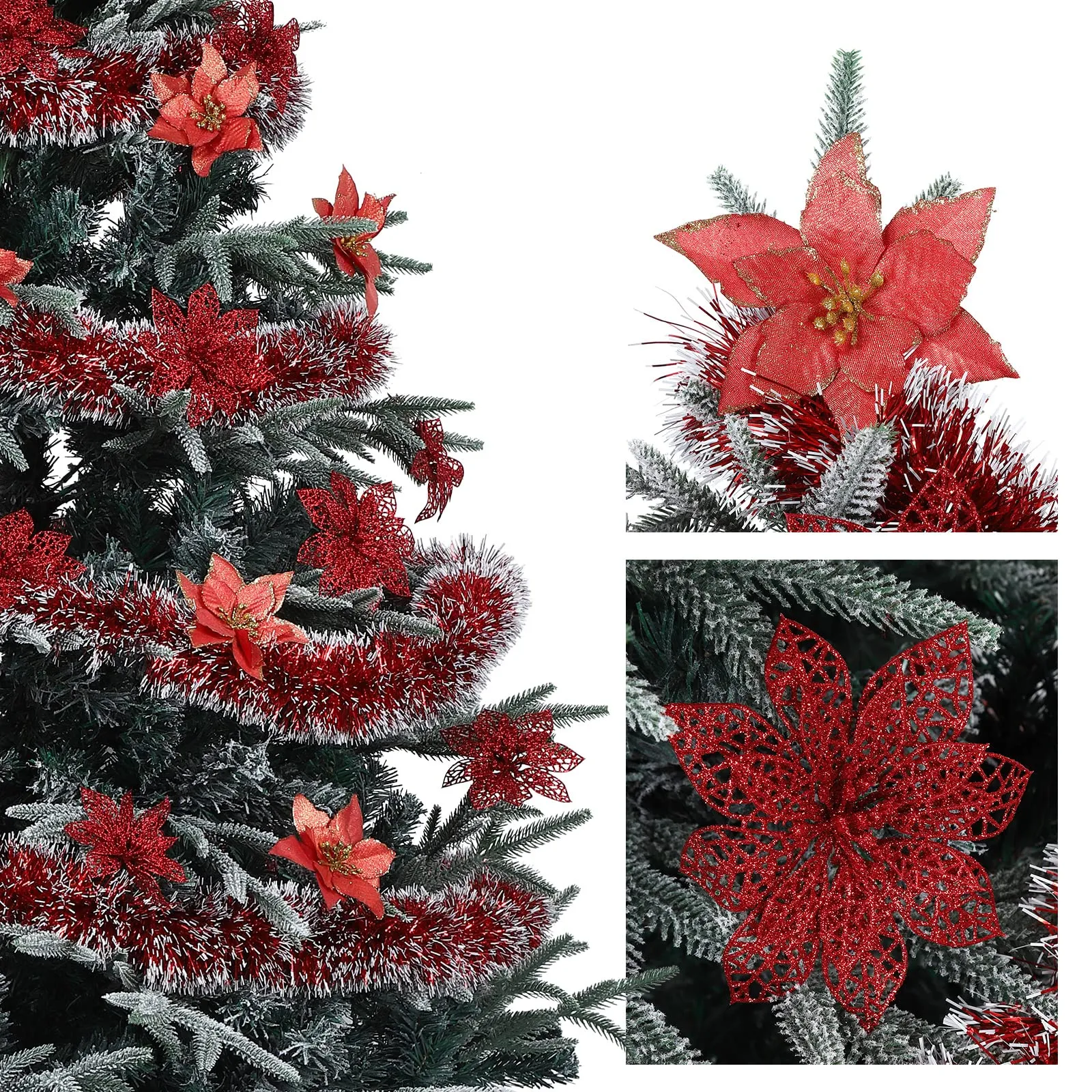 GARVEE 24 Pieces Christmas Glitter Poinsettia with Clips Christmas Poinsettia Decorations Artificial Poinsettia Flowers Ornament Christmas Flowers for New Year Wedding Home Decoration 5.9inch/15cm Red