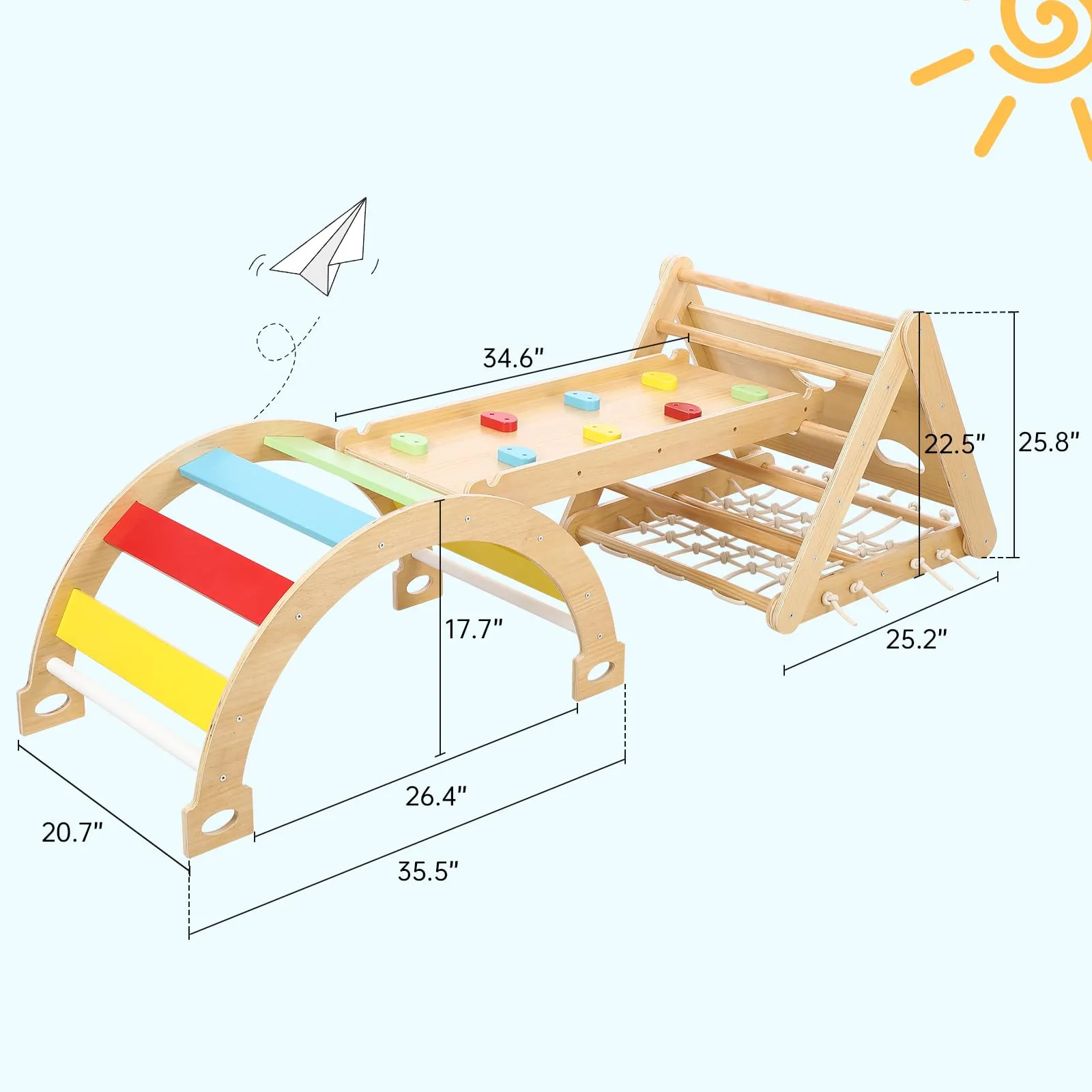 GARVEE 3-in-1 Indoor Climbing Gym - Waldorf and Montessori Climbing Set with Triangle Ladder, Climbing Ramp, Arch Climber, and Slide