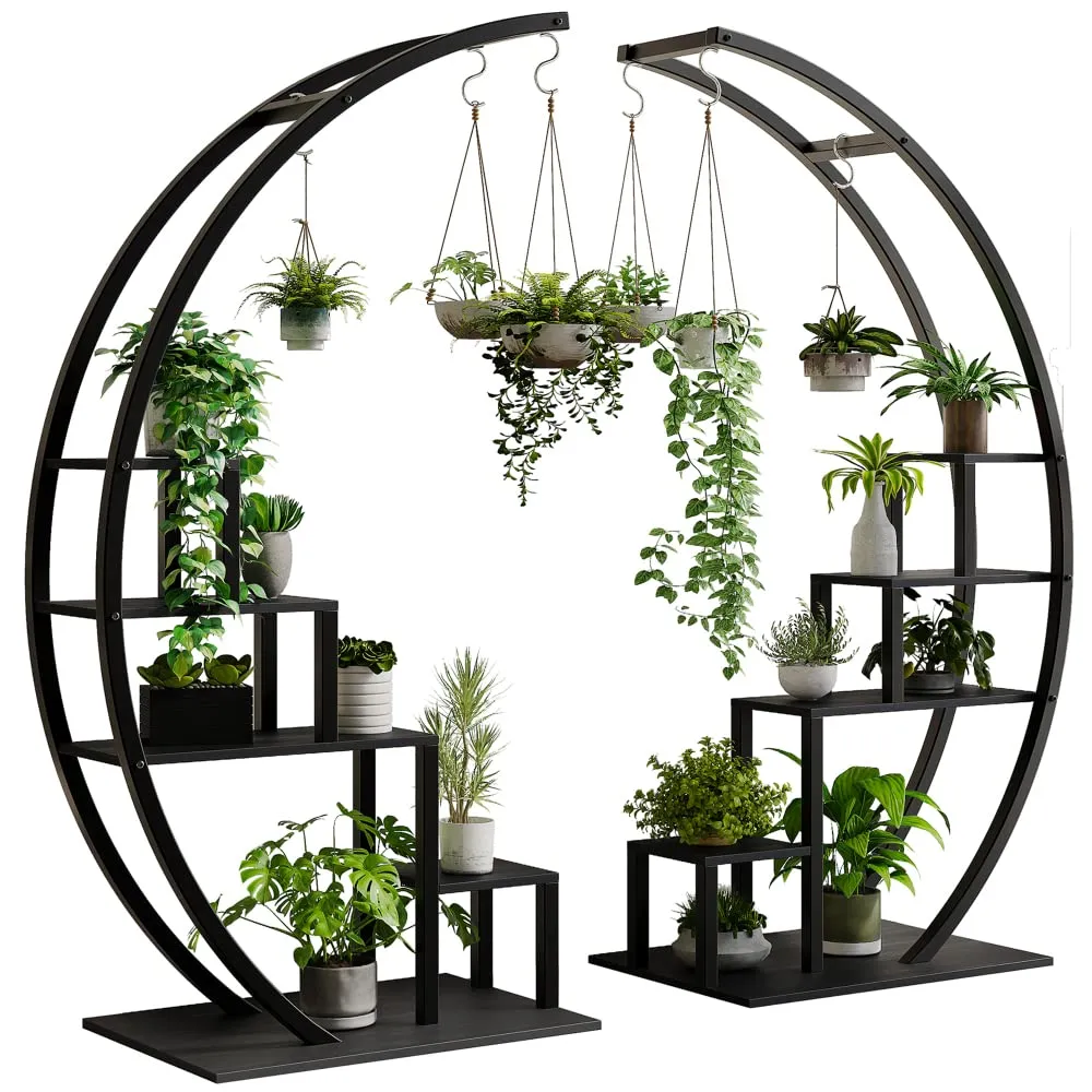 GARVEE 5-Tier Curved Metal Plant Stand with 6 Hooks for Balcony, Black