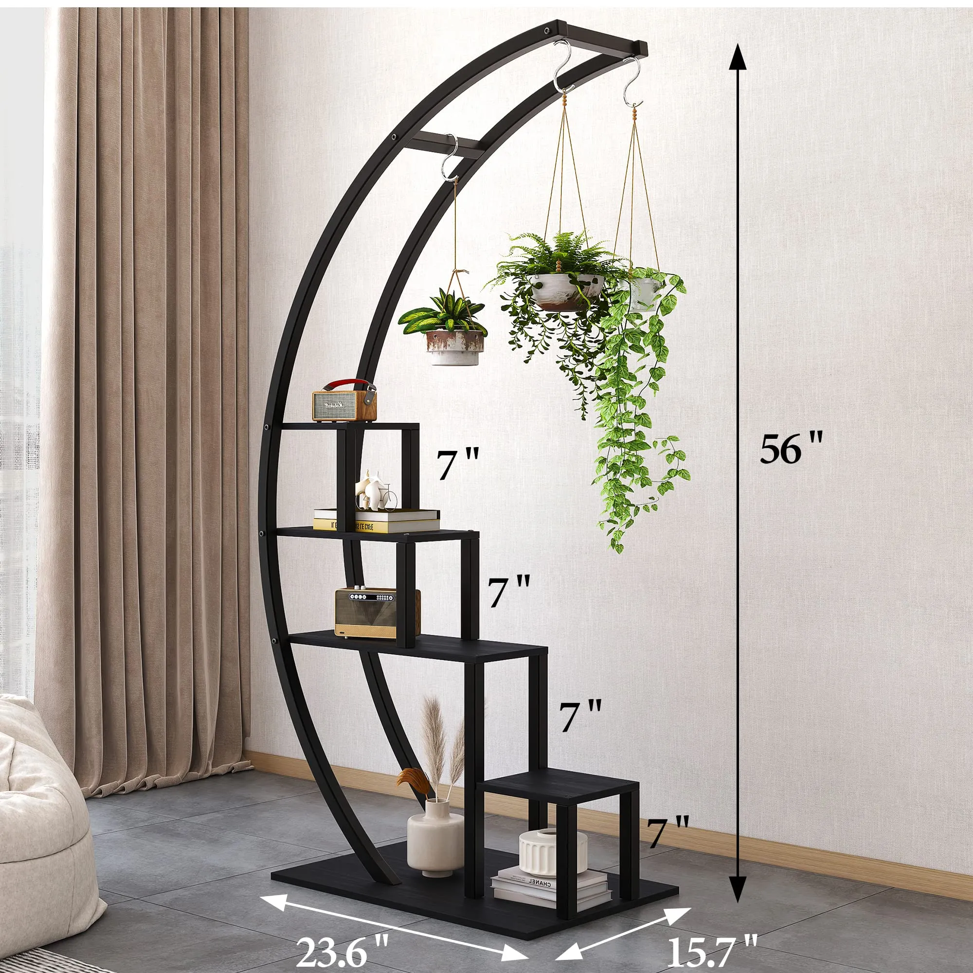 GARVEE 5-Tier Curved Metal Plant Stand with 6 Hooks for Balcony, Black