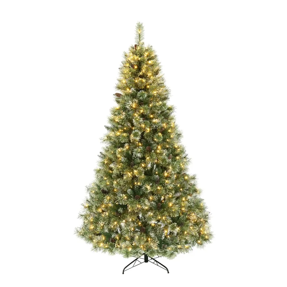 GARVEE 7.5ft Pre-lit Artificial Christmas Tree with 86 Frosted Pine Cones, Fake Christmas Tree with 750 Clear LED Lights, Stable Metal Base, Fluffy Xmas Tree, Easy Assembly