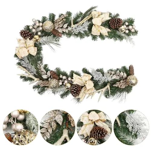 GARVEE Prelit Christmas Garland with 20 Lights, Outdoor Christmas Garland with Gold Christmas Balls Pine Cones Antlers for Fireplace Mantel Porch Indoor Home Holiday Decorations