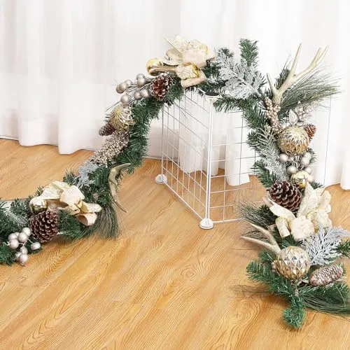 GARVEE Prelit Christmas Garland with 20 Lights, Outdoor Christmas Garland with Gold Christmas Balls Pine Cones Antlers for Fireplace Mantel Porch Indoor Home Holiday Decorations