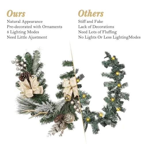 GARVEE Prelit Christmas Garland with 20 Lights, Outdoor Christmas Garland with Gold Christmas Balls Pine Cones Antlers for Fireplace Mantel Porch Indoor Home Holiday Decorations