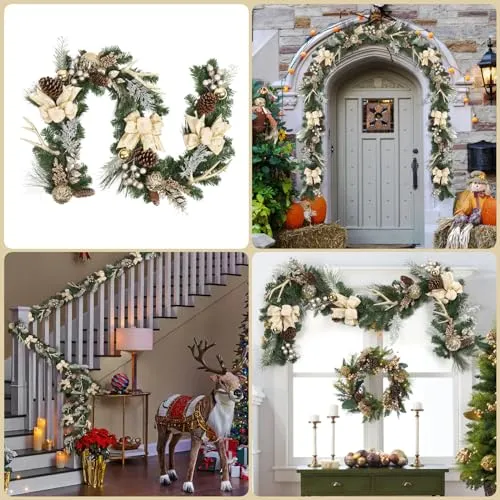 GARVEE Prelit Christmas Garland with 20 Lights, Outdoor Christmas Garland with Gold Christmas Balls Pine Cones Antlers for Fireplace Mantel Porch Indoor Home Holiday Decorations