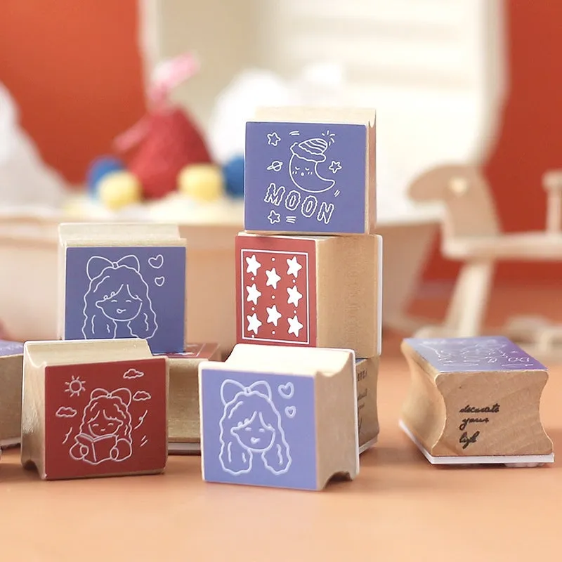 Girl's Daily Life Cartoon Wooden Rubber Stamps Set (5 piece)