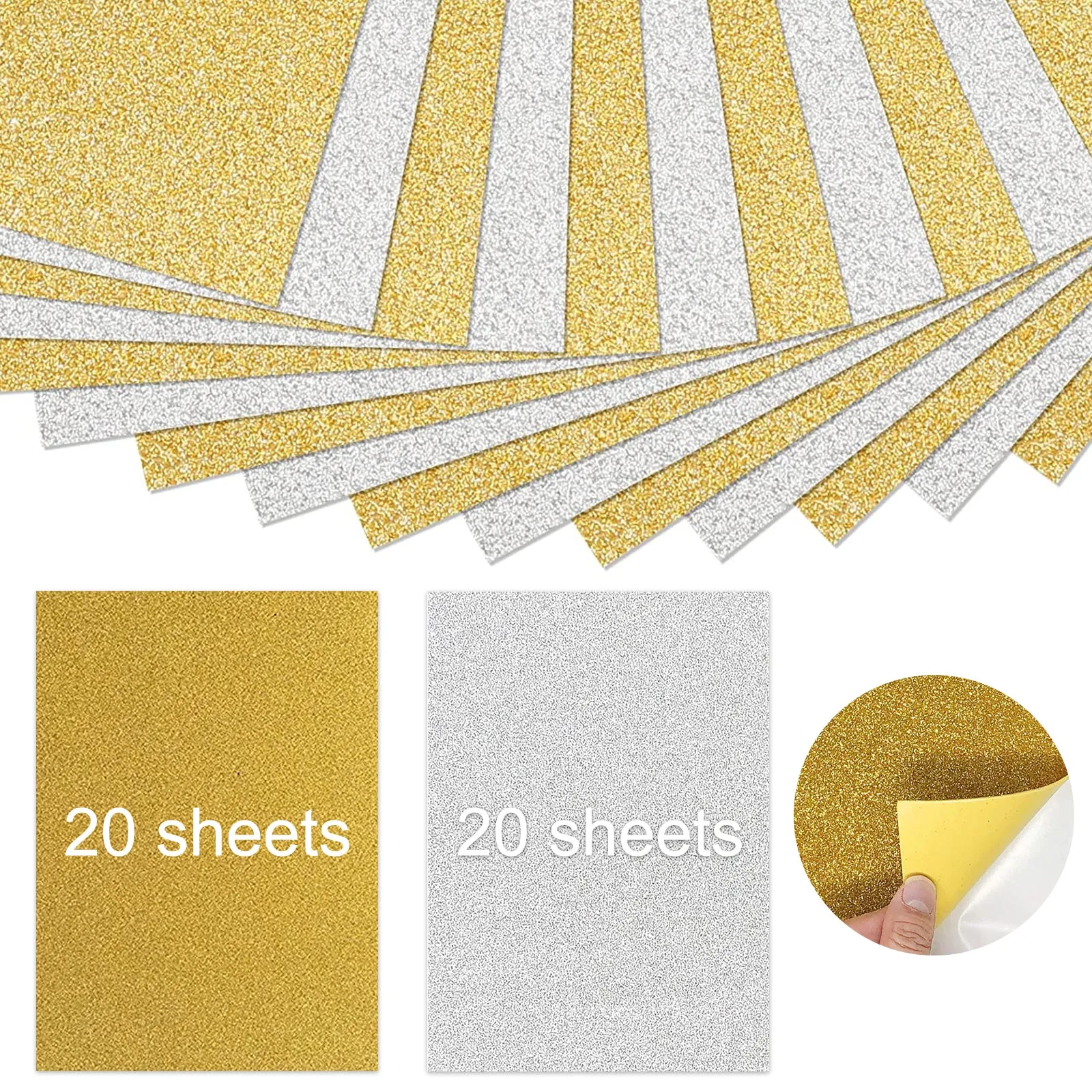 Gold and Silver Self-Adhesive A4 Glitter Paper for DIY Crafts 40 pcs