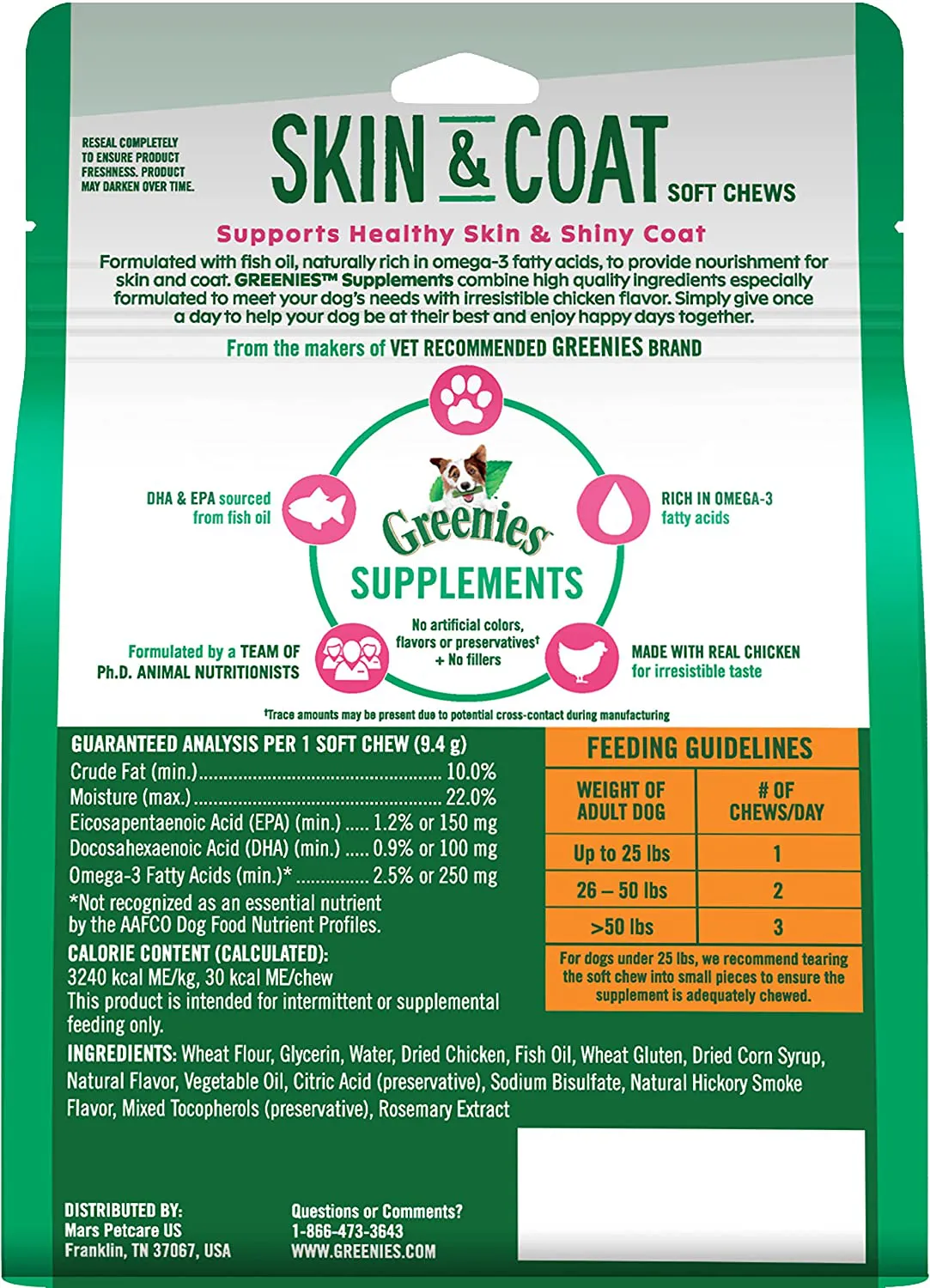 GREENIES Skin & Coat Food Supplements with Omega 3 Fatty Acids, 80-Count Chicken- Flavor Soft Chews for Adult Dogs