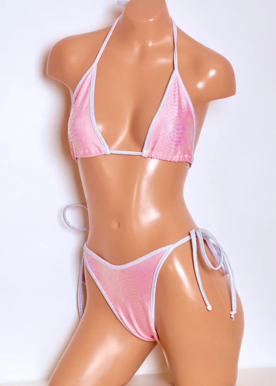 Hologram Triangle Bikini Top and Tie-Side Bottoms in Pink Snakeskin with White Trim