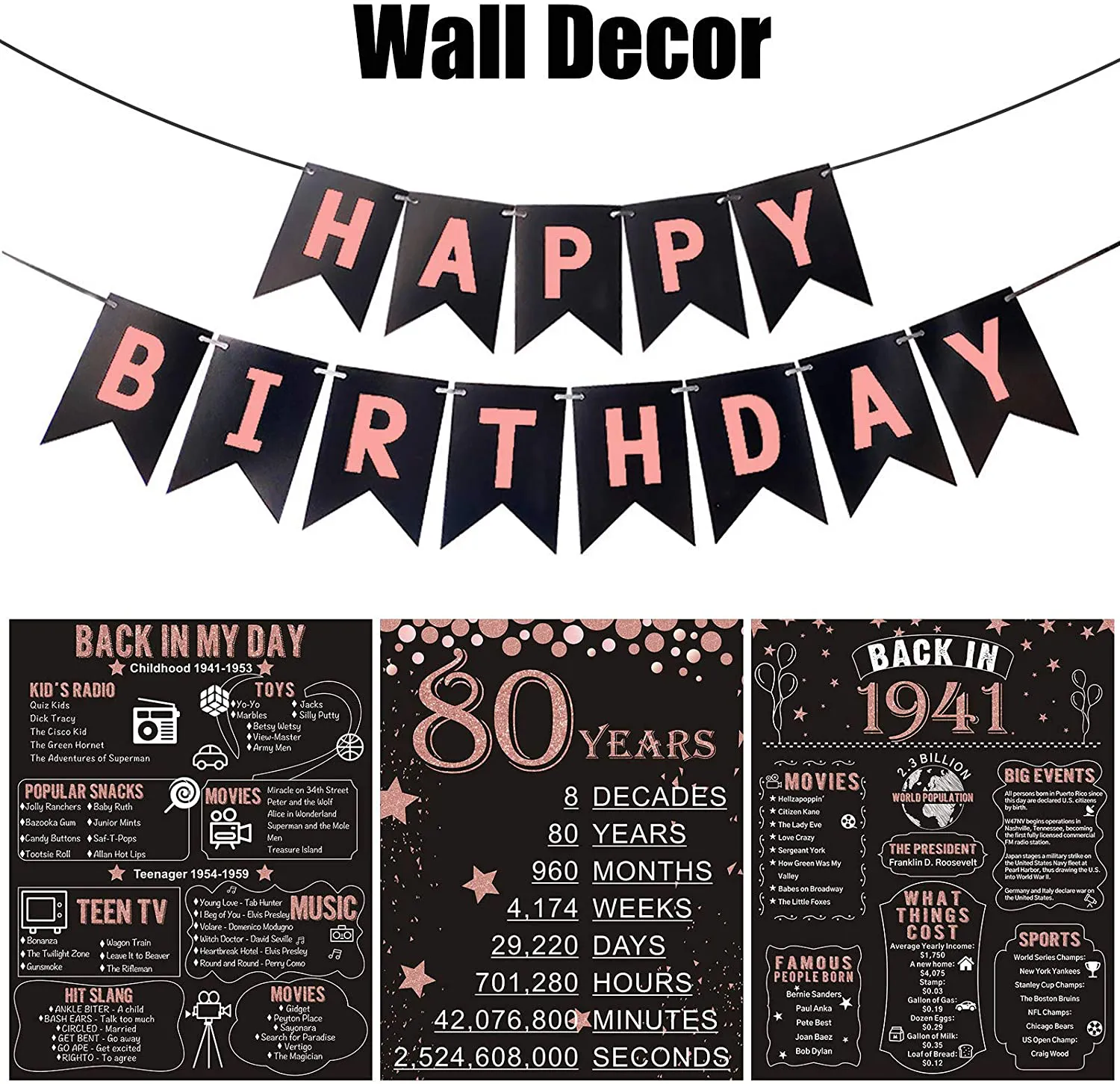 Homanga 70th Birthday Decorations for Women or Men, Rose Gold 3 Pieces 11”x 14” Back In 1951 Poster, 70 Years Party Wedding Anniversary Decoration Supplies, 70th Gifts for Women Her