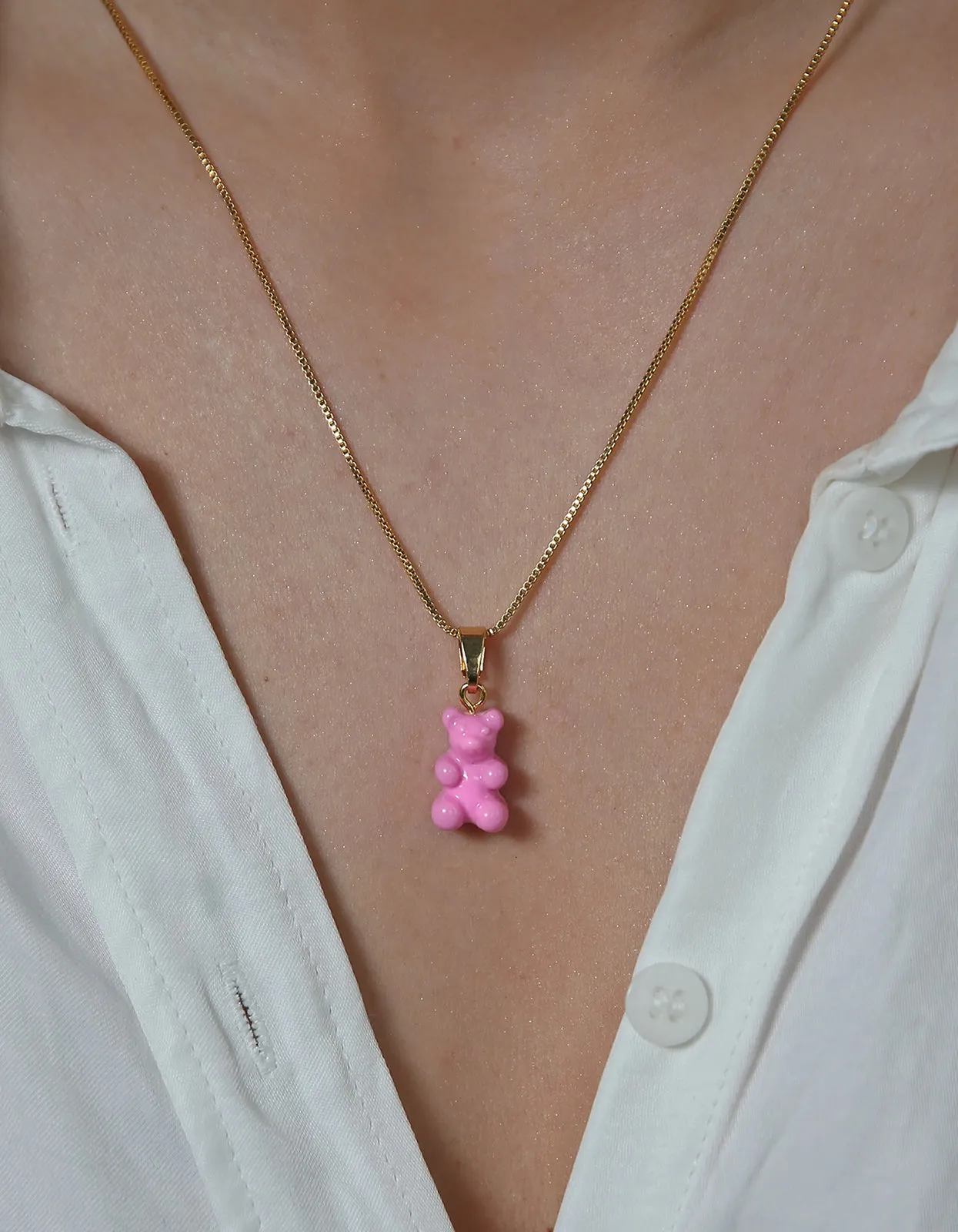 Nostalgia Bear Gold Chain Necklace - Candy Pink