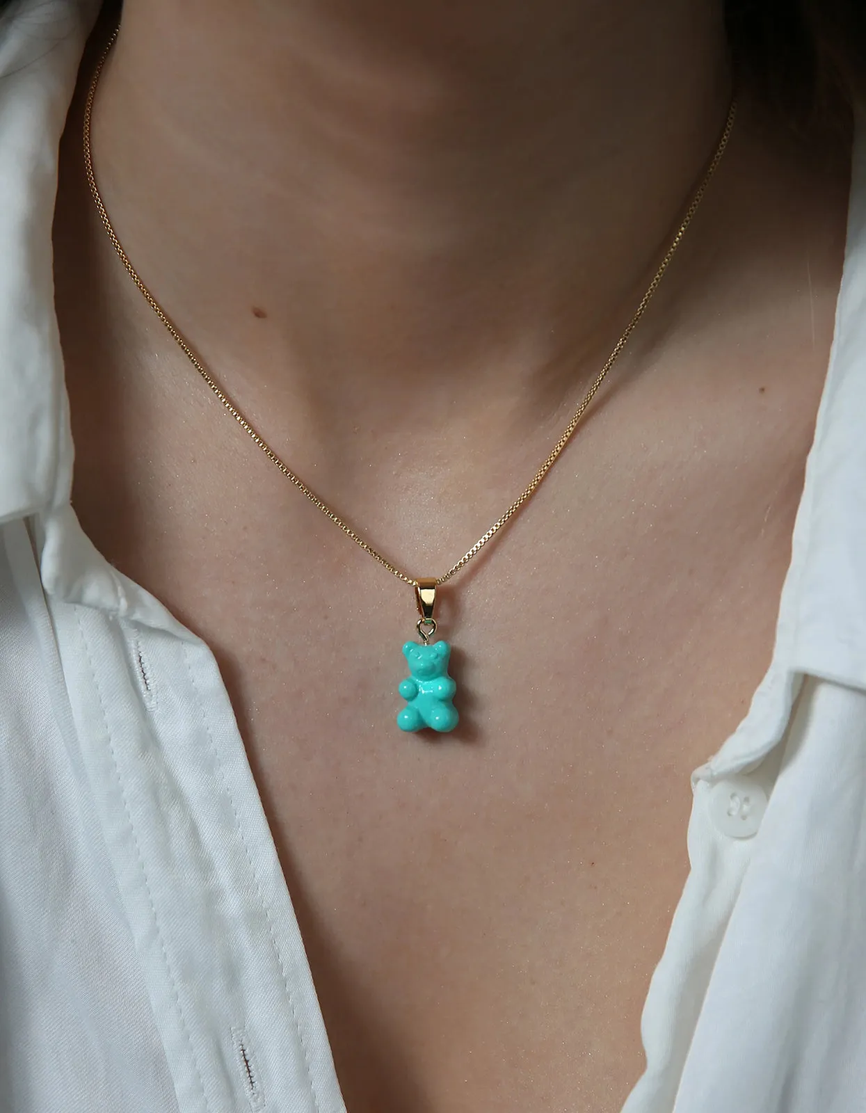 Nostalgia Bear Gold Chain Necklace - Mykonos Blue