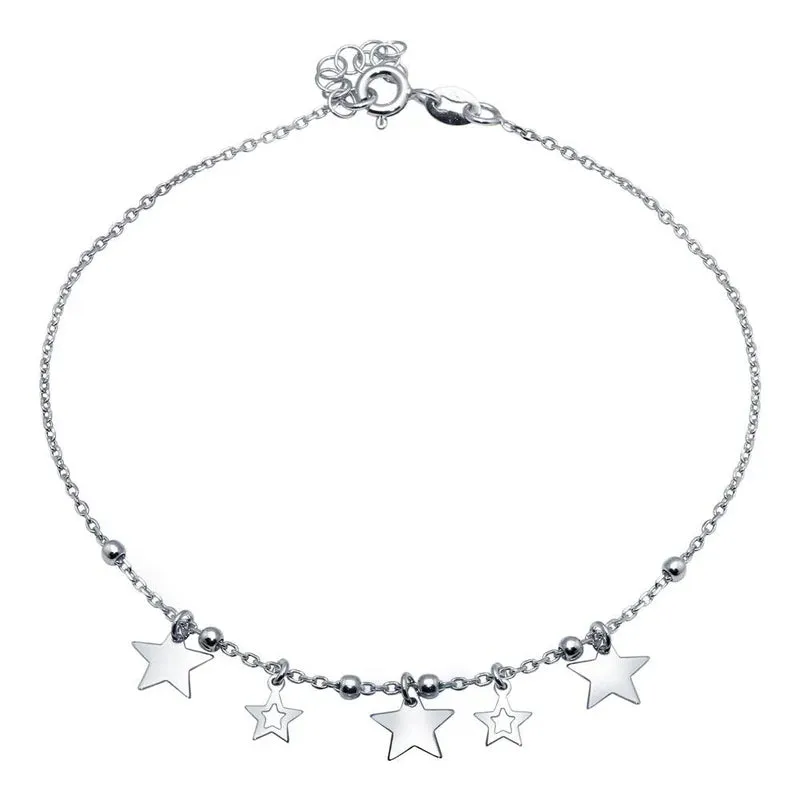 Rhodium Plated 925 Sterling Silver Star Charms Anklet