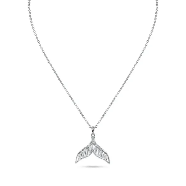 Rhodium Plated 925 Sterling Silver Whale Tail Clear Baguette CZ Necklace