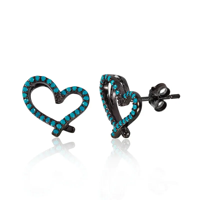 Silver 925 Black Rhodium Plated Open Heart Stud Earrings With turquoise Stone