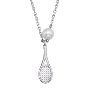 Silver 925 Rhodium Plated 925 Sterling Silver Synthetic Mother of Pearl Tennis Racket Necklace