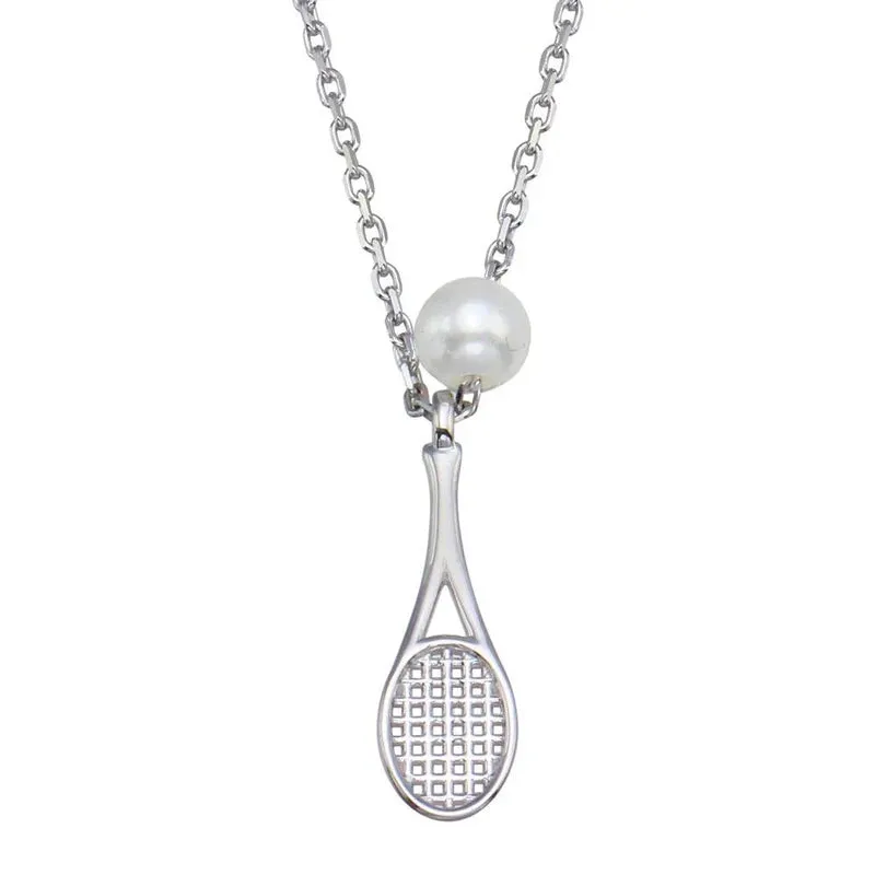 Silver 925 Rhodium Plated 925 Sterling Silver Synthetic Mother of Pearl Tennis Racket Necklace