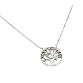 Silver 925 Rhodium Plated Clear CZ Round Tree PendantNecklace