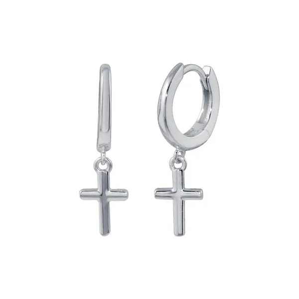 Silver 925 Rhodium Plated Huggie Hoop Cross Earrings